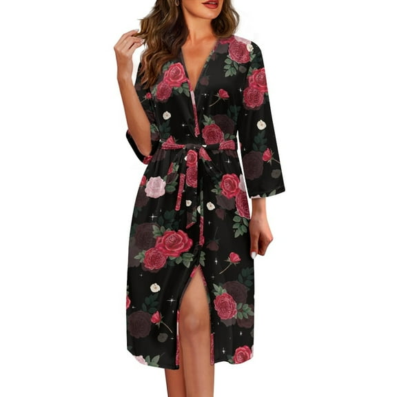 Yuyamidu Red Rose Bathrobe for Women Lightweight Spa Robe Flower V-Neck Nightgown Soft Mid-Calf Length Summer Robe Womens 3/4 Sleeves Loungewear Size L