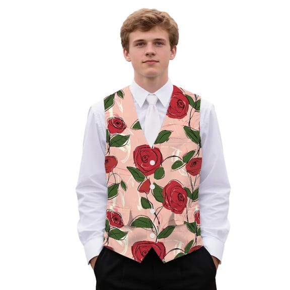 Yuyamidu Red Rose Mens Suit Vest Business Casual Dress Waistcoat Vest Size M Valentine's Day Formal Wedding Vests for Suits or Tuxedo