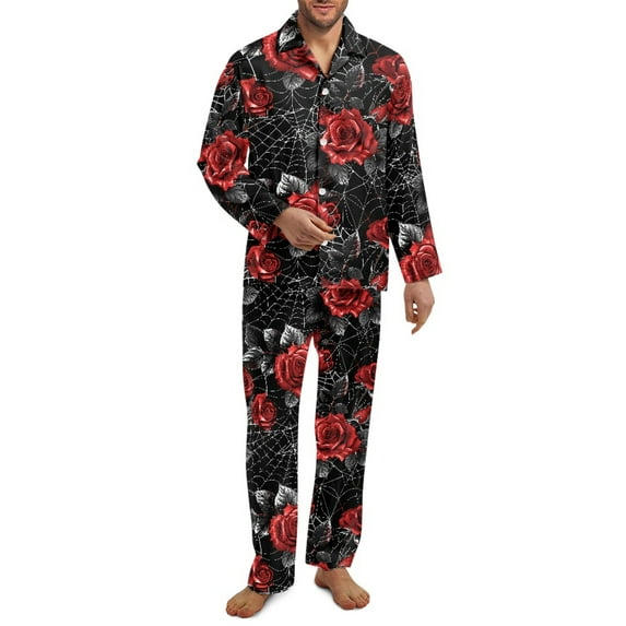 Yuyamidu Red Rose Sleepwear for Men Loungewear Pajama Set of 2 Cobweb Long Sleeve Night Pants and Shirt Size 2XL Halloween Button Nightwear Casual Daily Wear Clothes