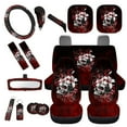 thumbnail image 1 of Yuyamidu Red Skull Car Seat Cover Split Covers Set Flower Sun Visor Car Steering Wheel Cover Seat Belt Pads Rearview Mirror Cover Gear Shift Cover Hand Brake Cover Cup Holder Wrist Key Chain 16 PCS, 1 of 7