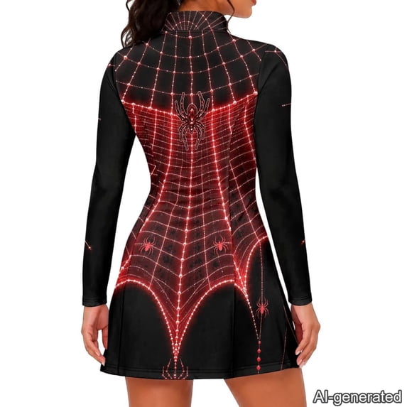 Yuyamidu Red Spider Web Women Quarter Zip Tennis Golf Dresses Halloween Long Sleeve Athletic Dress Built-in Shorts with Side Pockets, Suitable for Golf Tennis Workout Casual Wear