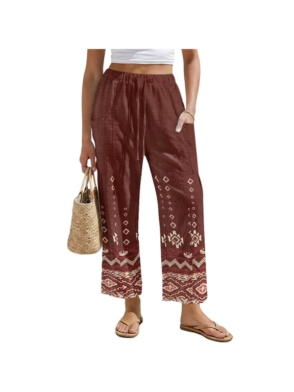 Red Tribal Womens Linen Pants Loose Fit Straight Leg Palazzo Pants with Pockets Dressy Casual Trousers Western Tribal Outfits, Size 2XL