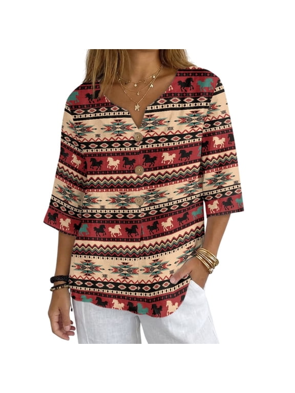 Red Weatern Aztec Womens Linen Tops and Blouses 3/4 Sleeve Dressy Tunic Blouse V Neck Lightweight Linen Shirts Vacation Fashion Clothes, Size L