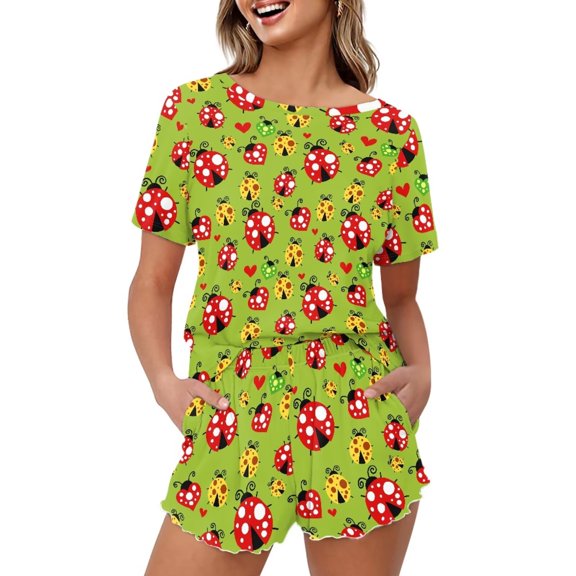 Yuyamidu Red Yellow Ladybug Women's Pajama Set Round Neck Short Sleeve Top and Shorts Ladies Pjs Elastic Lounge Set Sleepwear with Pocket, Green