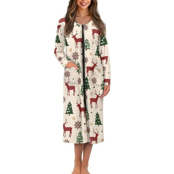 Yuyamidu Reindeer Long Sleeve Robe for Women Christmas Casual Round Neck Robes Snowflake Zippered Bathrobe Red Mid-Calf Length Nightgowns Size XL Xmas Tree Dressing Gown