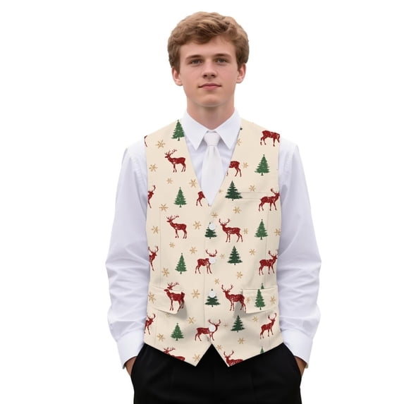 Yuyamidu Reindeer Men's V-Neck Business Vests with 3 Pockets Xmas Tree Formal Dress Vest for Suit Tuxedo Christmas Casual 4 Button Waistcoat Size 4XL