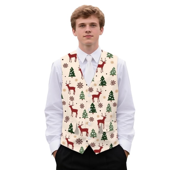 Yuyamidu Reindeer Mens Vest Formal Waistcoat with Pocket Xmas Tree V-Neck Suit Vests for Wedding Prom Party Christmas Casual Tuxedo Wear Size 2XL