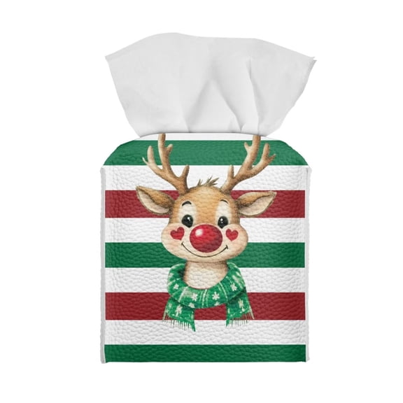 Yuyamidu Reindeer PU Leather Tissue Box Cover for Living Room Anti-Stains Tissue Box Holder with Bottom Belt Washable Toilet Paper Holder 5"X5"X5" Portable Christmas Decor