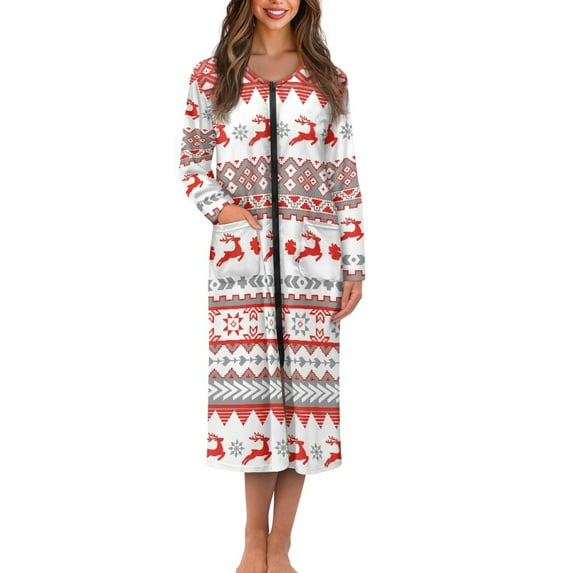 Yuyamidu Reindeer Womens Zipper Robes Long Bathrobes for Women Long Sleeve Robe Size XL Snowflake Nightgown with Front Zipper Christmas Crewneck House Coat Dress