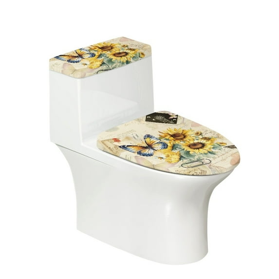Yuyamidu Retro Sunflower Toilet Lid Cover Set Polyester Toilet Tank Cover Bathroom Decor 2 Pack Butterfly Toilet Lid Dust Cover & Toilet Tank Lid Cover Toilet Protector