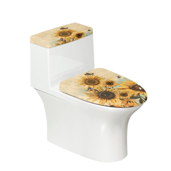 Yuyamidu Retro Sunflower Toilet Lid Cover Sets for Bathroom 2 PCS Bee Toilet Lid & Tank Lid Dust Cover Round for Bathroom Elongated Lid Keep Bathroom Toilet Clean