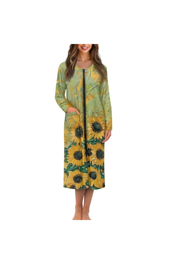 Retro Sunflower Womens Zipper Robe Long Lightweight Bathrobe Green Sleepwear Gown Trendy Long Sleeve Robes for Women Plus Size 3XL Ladies Lounge Dresses with Pockets