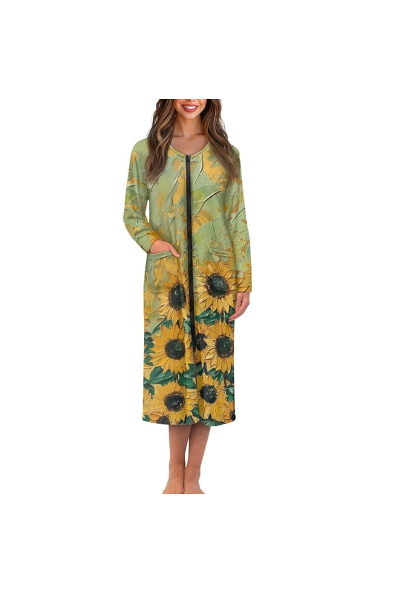 Retro Sunflower Womens Zipper Robe Long Lightweight Bathrobe Green Sleepwear Gown Trendy Long Sleeve Robes for Women Plus Size M Ladies Lounge Dresses with Pockets