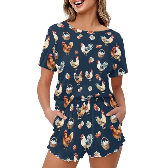 Yuyamidu Rooster Chicken Pajama Sets Casual Short Set 2 Pieces Casual Lounge Set Short Sleeve Shirt and Shorts Lounge Sets with Pockets