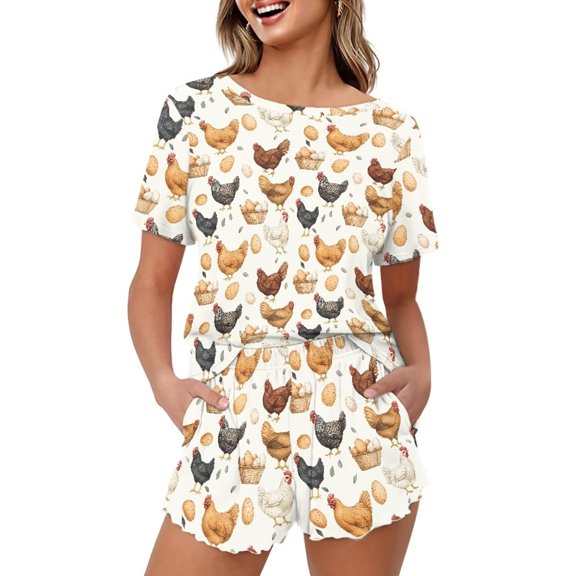 Yuyamidu Rooster Chicken Womens Short Sleeve Pajama Sets Summer Two-Piece Pjs Lounge Sets Fashion Oversized Sleepwear