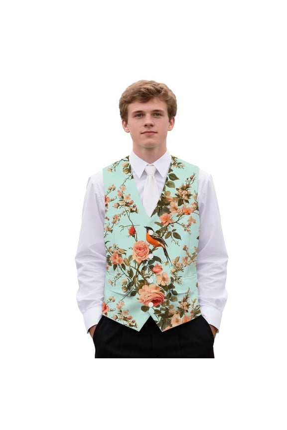Rose Men's Formal Suit Vest Fit for Business or Casual Dress Slim Fit Waistcoat with Pockets Bird Daily Wear Clothing Size 2XL