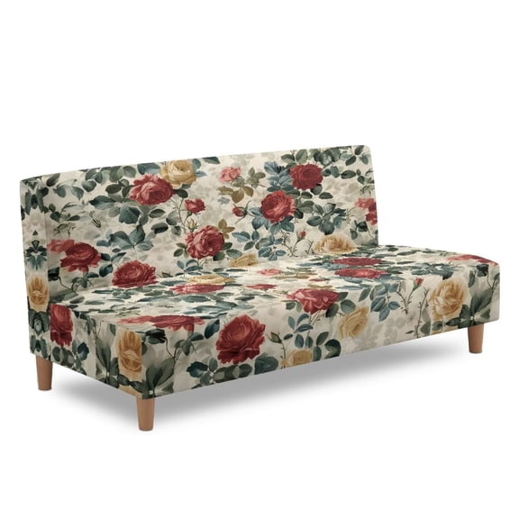 Yuyamidu Rose Print Futon Cover Armless Sofa Covers Washable Stretch Futon Slipcover with Elastic Edge Easy to Install Rv Jackknife Sofa Covers Gift for Holiday