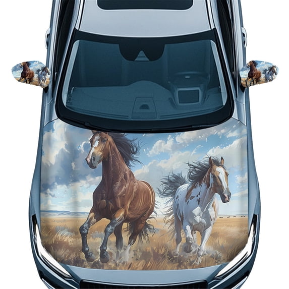 Yuyamidu Running Horse Hood Covers for Cars Sedans Auto Side View Mirror Covers Elastic Car Front Hood Cover Protector with Side Mirror Covers Set of 3 Daily Automobile Decor