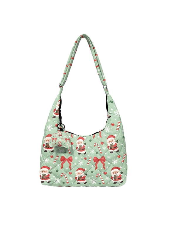 Santa Candy Cane Quilted Hobo Bag for Women Shoulder Bag Green Christmas Teacher Nurse Laptop Work Tote with Matching Pendant and Adjustable Strap for Holiday Outings