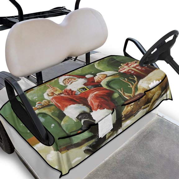 Yuyamidu Santa Claus Golf Cart Seat Cover with 4 Pockets Reindeer Golf Cart Seat Blanket Travel Sports Golf Cart Seat Cover Fits Most Club Cars and More 2 Person Seats Golf Cart, Green Christmas