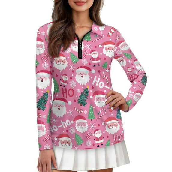 Yuyamidu Santa Claus Golf Shirts for Women HO-HO-HO Golf Top Lightweight Tennis Shirt Pink Christmas Long Sleeve Athletic Outfits Size 2XL