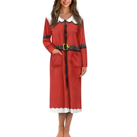 Yuyamidu Santa Claus Long Bath Robe Christmas Robes Nightgowns for Women Size 2XL Red Long Sleeve Zippered Bathrobes Ladies Pajama House Coat Comfy Robe
