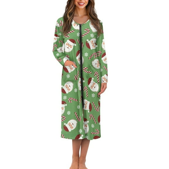Yuyamidu Santa Claus Long Bath Robe Christmas Robes Nightgowns for Women Size 3XL Candy Canes Long Sleeve Zippered Bathrobes Ladies Pajama House Coat Casual Robe, Green