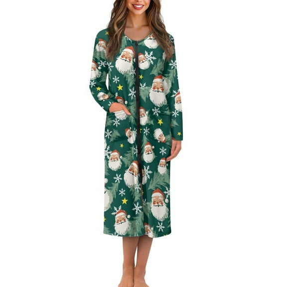 Yuyamidu Santa Claus Long Bathrobe for Women Snowflake Long Sleeve Robe with Zipper Front Sleepwear Christmas Crewneck Spa Robes Size S Green Mid-Length House Coats