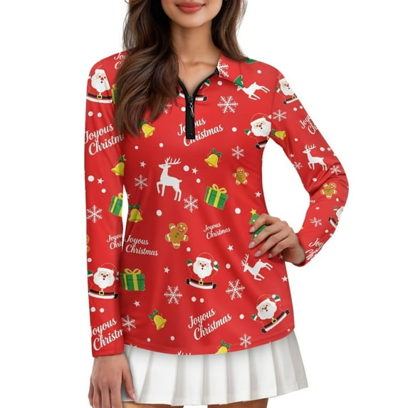 Yuyamidu Santa Claus Long Sleeve Golf Shirts for Woman Reindeer Athletic Tennis Shirts Red Quarter Zip Workout T-shirts Joyous Christmas Pullover Size 2XL