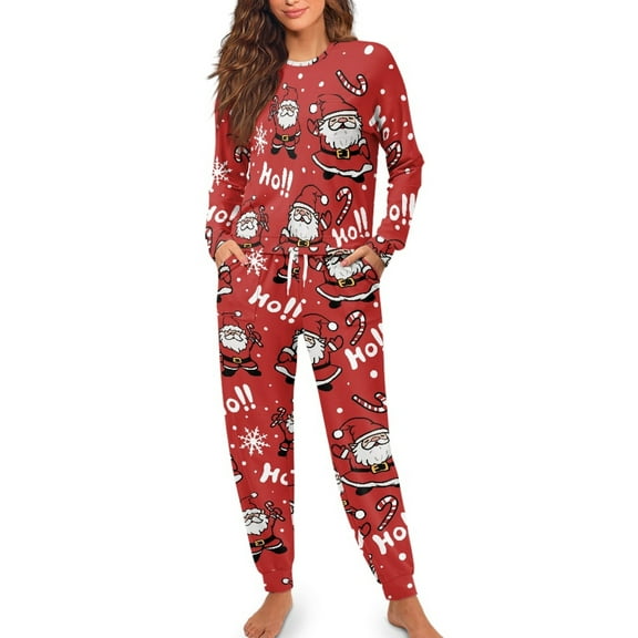 Yuyamidu Santa Claus Long Sleeve Pajamas for Women HO-HO-HO Long Pj Pants Set 2 Piece Christmas Scoop Neck Sleep Wear Red Home Indoor Loungewear Size S