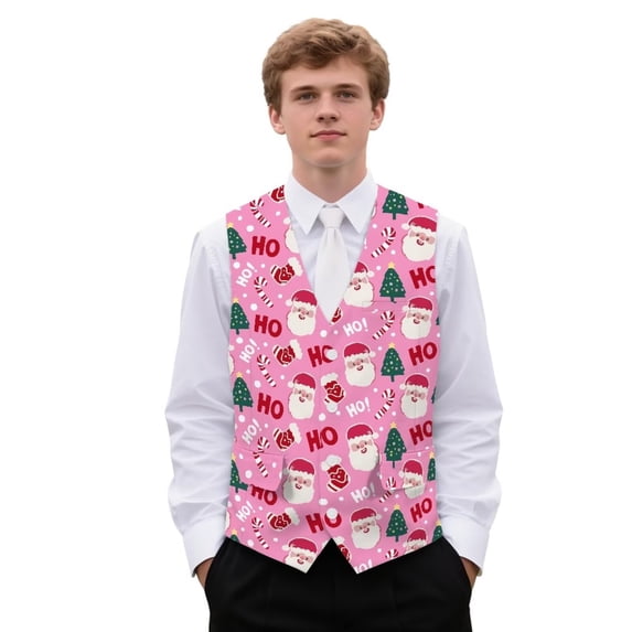 Yuyamidu Santa Claus Men's Suit Vest Size 3XL Xmas Tree V Neck Business Dress Vests Pink Christmas Formal Wedding Waistcoat Slim Fit