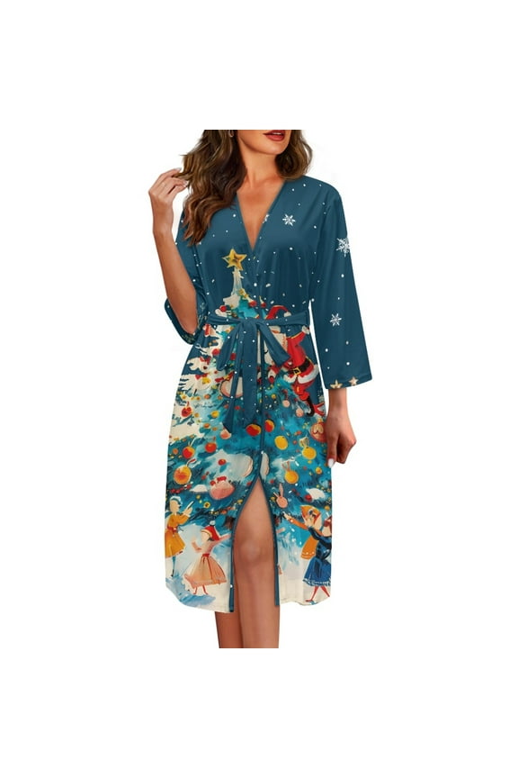 Santa Claus Robe for Women Xmas Tree Long Sleepwear Gowns Size L Lightweight 3/4 Sleeves Spa Robe Christmas Bathrobe Sleep Nightgown Soft Robes