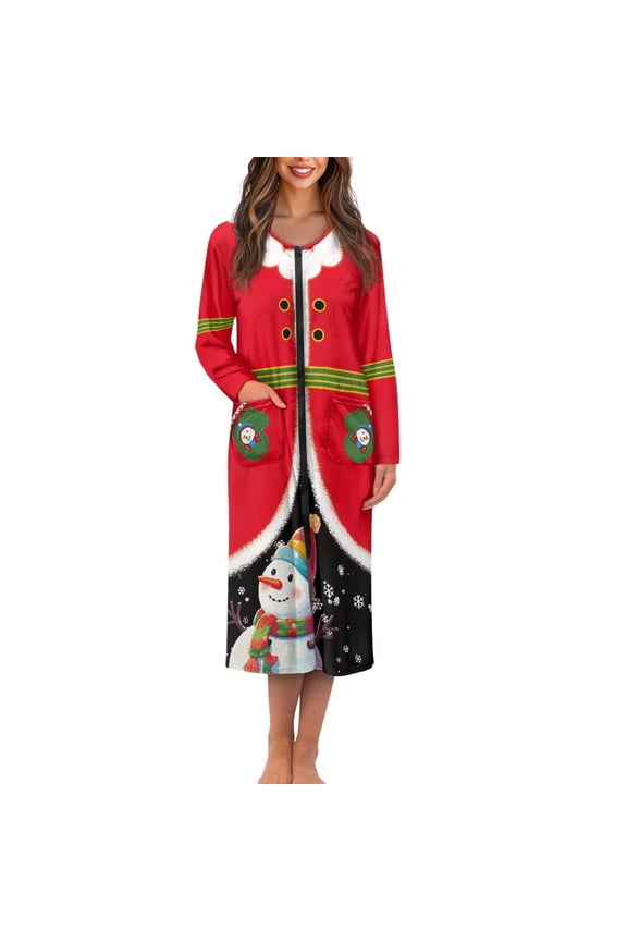 Santa Claus Womens Bathrobe Zipper Front Long Sleeve Robe Snowman Long Night Gowns for Women Sleepwear Christmas Bathrobes Loose Dresses, Robe, Gowns Size 4XL