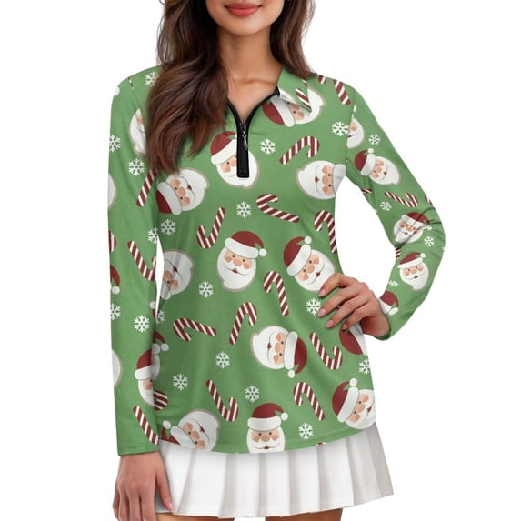 Yuyamidu Santa Claus Womens Long Sleeve Golf Shirt Athletic Tennis Shirts Size L Lightweight Collared Golf Clothes Workout Pullover, Green Christmas