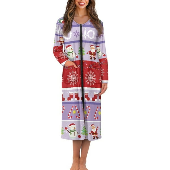 Yuyamidu Santa Claus Zipper Bathrobes for Women Long Robes Plus Size L Christmas Long Sleeve Robe Sleepwear Dress Snowman Mid-Length Nightgown Fashion Dressing Gown Robe