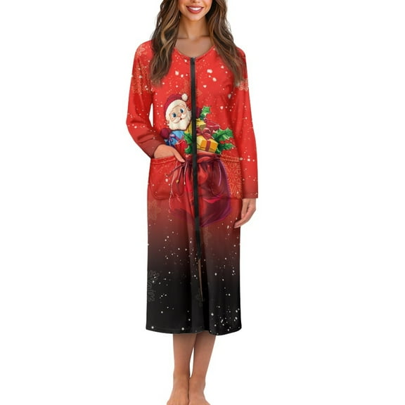Yuyamidu Santa Claus Zipper Front Robes Women House Coat Christmas Long Sleeve Bathrobe Red Spa Robe Size XL Casual Crewneck Long Nightgowns Loose Night Dress