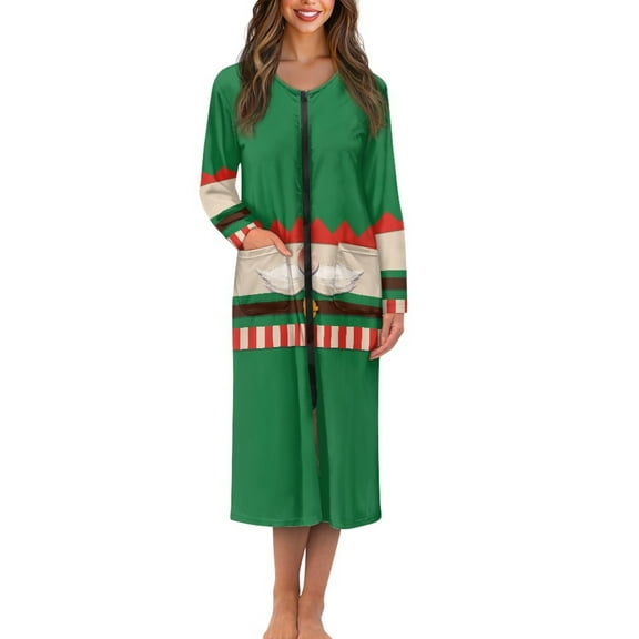 Yuyamidu Santa Claus Zipper Up Robes Long Sleeve Robe for Women Christmas Bathrobe Female Mid-Calf Length Nightgown Sleepwear Green Crewneck Pjs Dress Size S