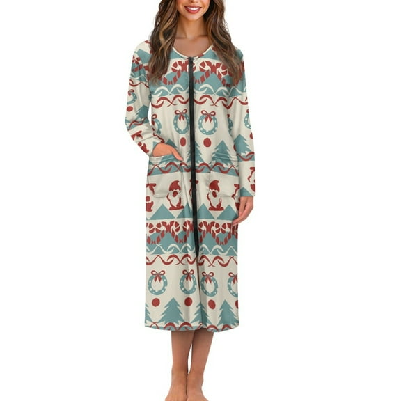 Yuyamidu Santa Claus Zipper Robes Women Long Bathrobes Wreaths Long Sleeve Robe Size XL Christmas Nightgown with Front Zipper Casual Round Neck House Coat Dress
