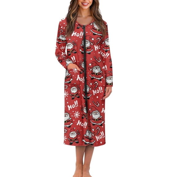 Yuyamidu Santa Long Sleeve Bathrobe for Women HO-HO-HO Zippered Robes Red Long Sleeve Bath Robe Christmas Housecoat Nightgown Size S Loose Mid-Length Sleepdress