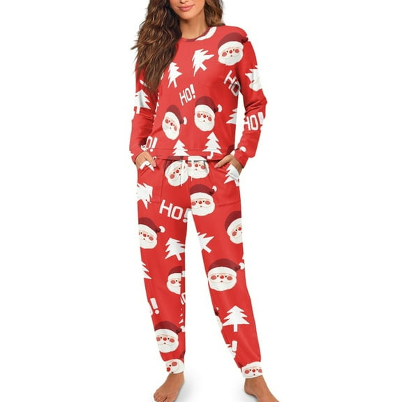 Yuyamidu Santa Long Sleeve Pajama Set for Women 2 PCS Xmas Tree Loungewear Red Christmas Crewneck Nightwear Size M Loose Fitting Long Sleeve Sleepwear with Drawstring