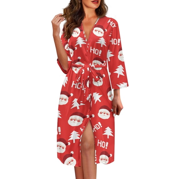 Yuyamidu Santa Robes for Women Sexy Plus Size XL HO-HO-HO Mid-Calf Length Bathrobe Christmas Casual V-Neck House Kimono Robe Red Long Sleeve Nightgown with Waist Belt