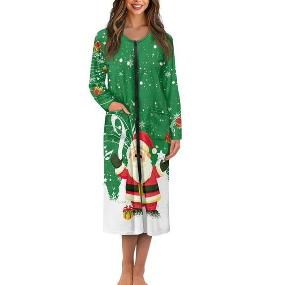 Yuyamidu Santa Zipper Front Robes Music Note Long Sleeve Bathrobe for Women Christmas Round Neck Nightgowns Robe Breathable Pajama Dress Green Mid-Length Sleepwear Size L