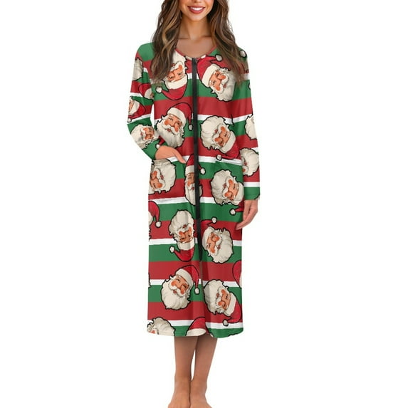Yuyamidu Santa Zipper Robes for Women Plus Size L Christmas Long Sleeve Bathrobe Sleepwear Ladies Sleep Dresses Soft Nightgown Red Green Stripes Robe with Pockets