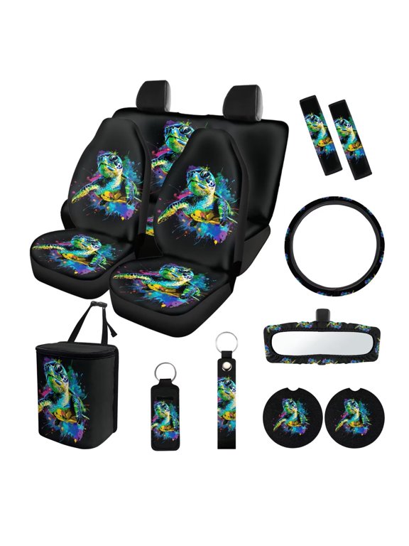 Sea Turtle Car Interior Set Car Seat Covers Steering Wheel Seat Belt Covers Trash Can Coasters Rear View Mirror Covers Keychains Lipstick Covers Set of 13