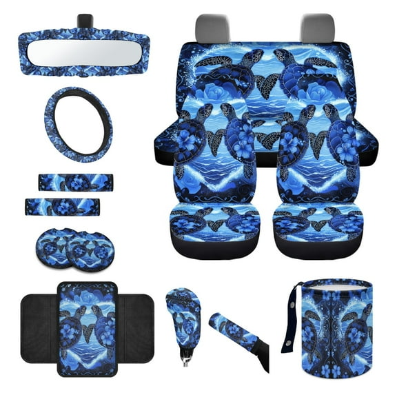 Yuyamidu Sea Turtle Car Seat Cover Full Set of 14 Blue Hibiscus Steering Wheel Cover Seat Belt Pad Cover Waste Bin Rear View Mirror Cover Cup Mat Auto Center Console Cushion Pad Handbrake Cover Set