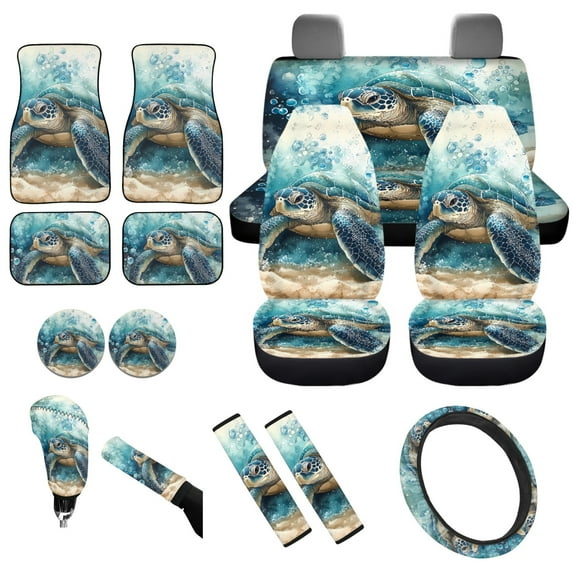 Yuyamidu Sea Turtle Car Seat Covers Full Set with Carpet Mats Blue Steering Wheel Cover Safe Belt Pads Handbrake Cover Set Coasters Fit for SUV Van, 15 Pack