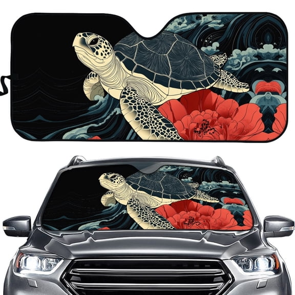 Yuyamidu Sea Turtle Car Sunshade for Windshield Red Hibiscus Sun Shade for Car Windshield Fashion Car Window Shade Universal Automobile Interior Accessories