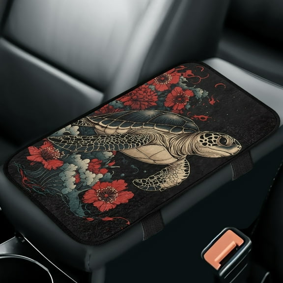 Yuyamidu Sea Turtle Center Console Armrest Covers for Cars Trucks SUVs Red Hibiscus Auto Armrest Cover Pad Flannel Center Console Cover Pad Car Decorative Accessories