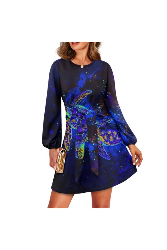 Sea Turtle Crew Neck Dress for Women Trendy Lantern Sleeve Knee Length Dresses, Fall Winter Swing Twirl Dress for Girls Size XL Fashion Beach Dresses A-Line Dress