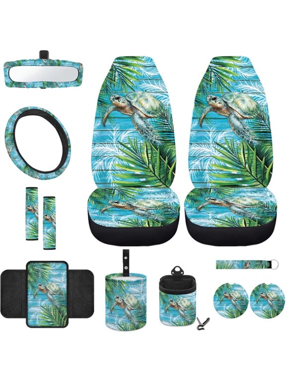 Sea Turtle Front Car Seat Covers Set with Auto Steering Wheel Cover Seat Belt Strap Cover Armrest Pad Trash Bag Mount Phone Holder Rearview Mirror Cover Cup Holders Key Chain, 12 PCS